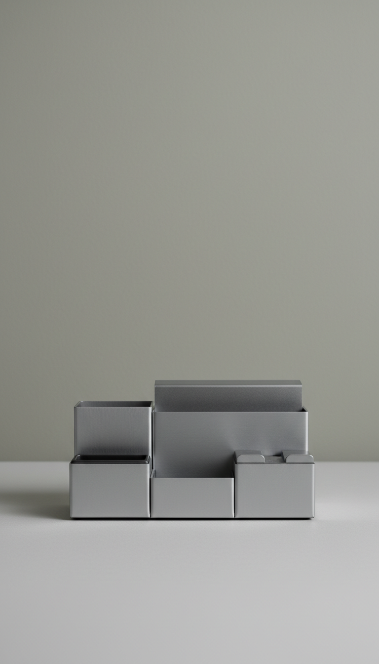 Desk organizer in brushed metal